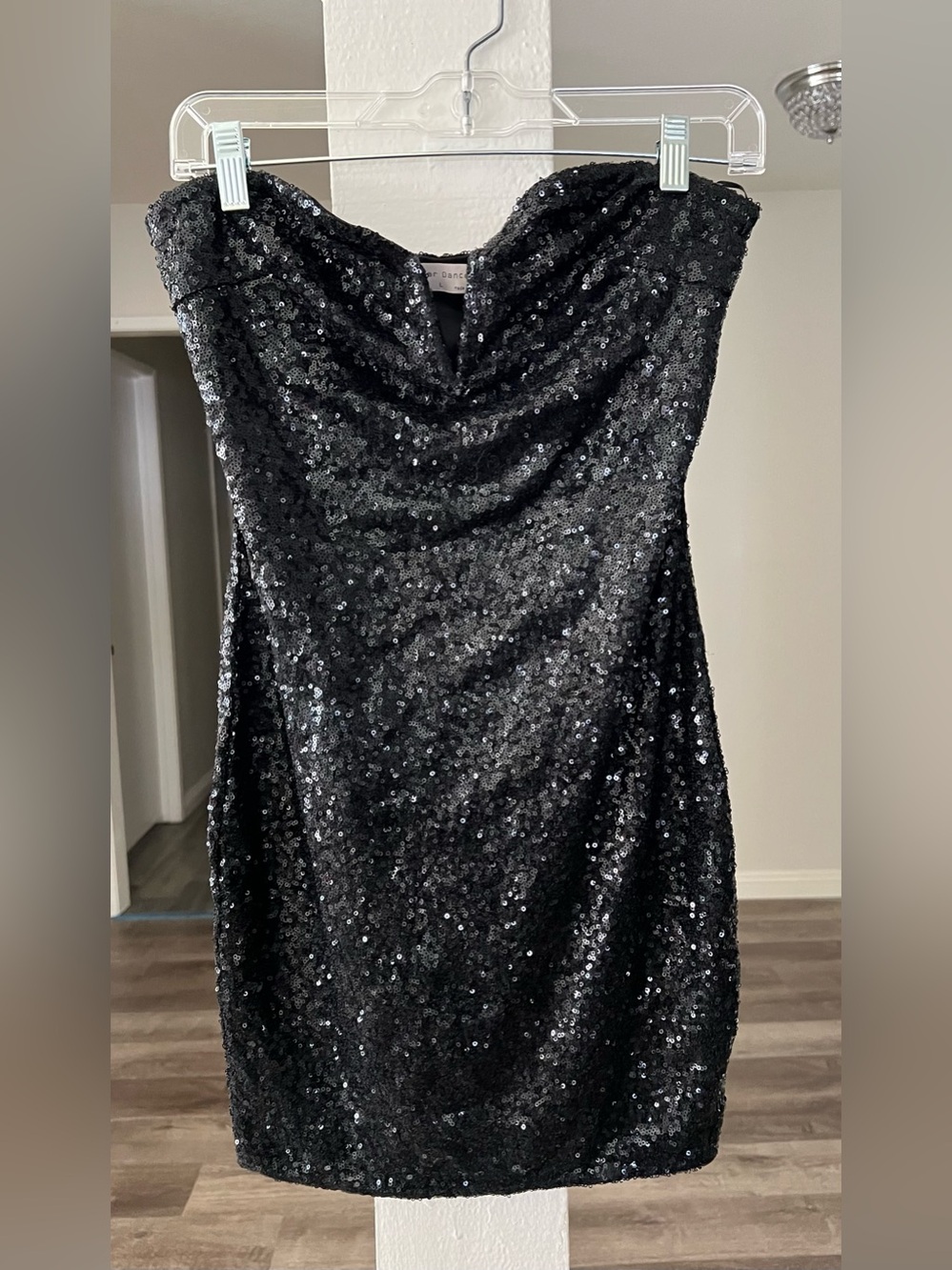 Bear Dance Black Sequin Strapless Cocktail Mini Dress.